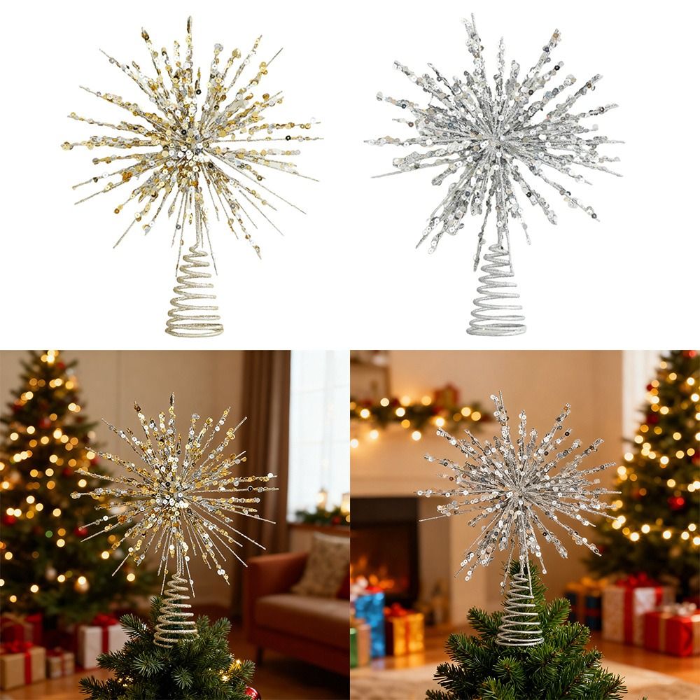 Star Tree Topper - 耐久性のあるライトアップクリスマスツリースタートッパーゴールド/シルバーグリッター光るペンダントクリスマスデコレーション