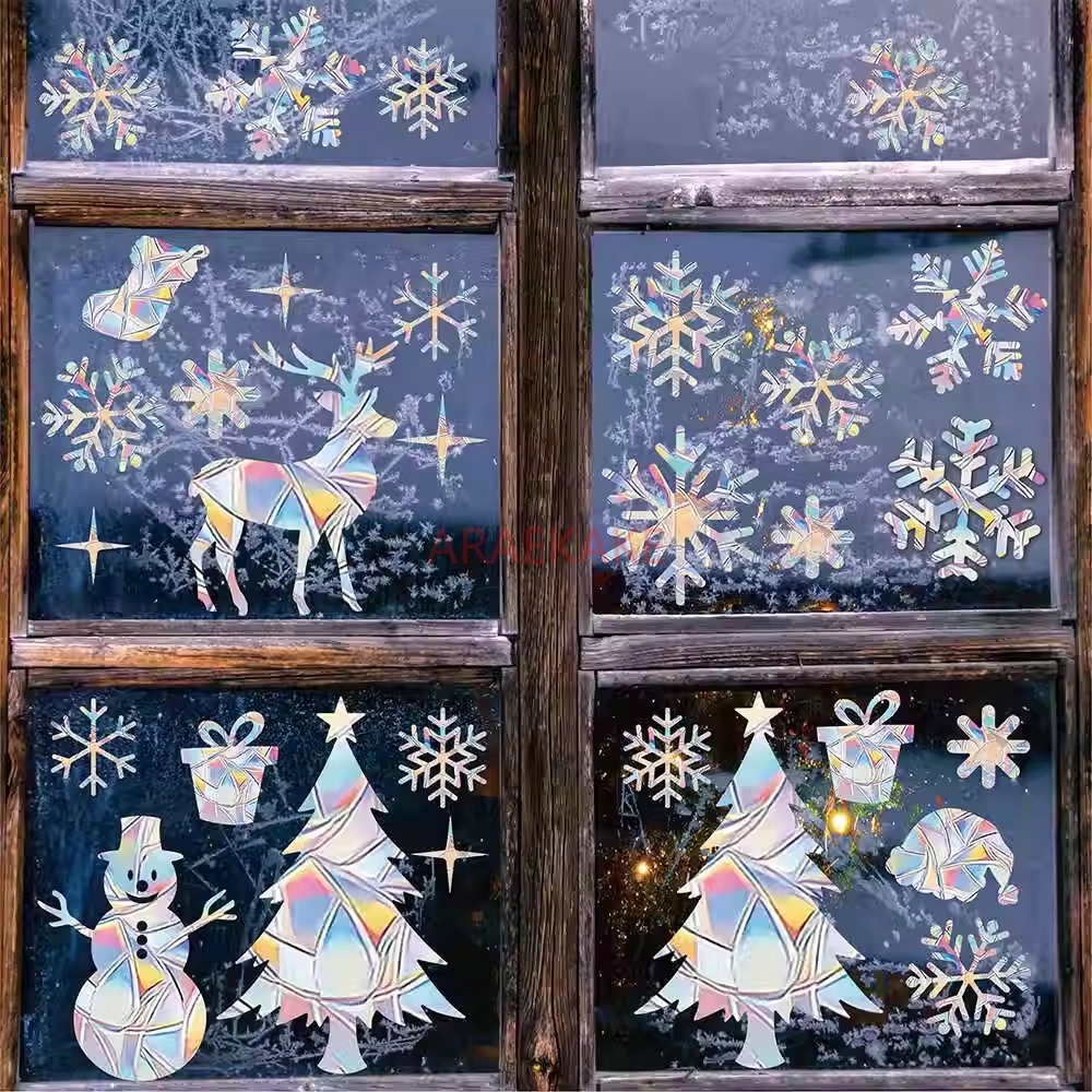 Snowflake Window Decal - クリスマス静電気ウィンドウガラスステッカー2セット クリスマスエルク、スノーフレーク、スノーマン、新年ホームデコレーション