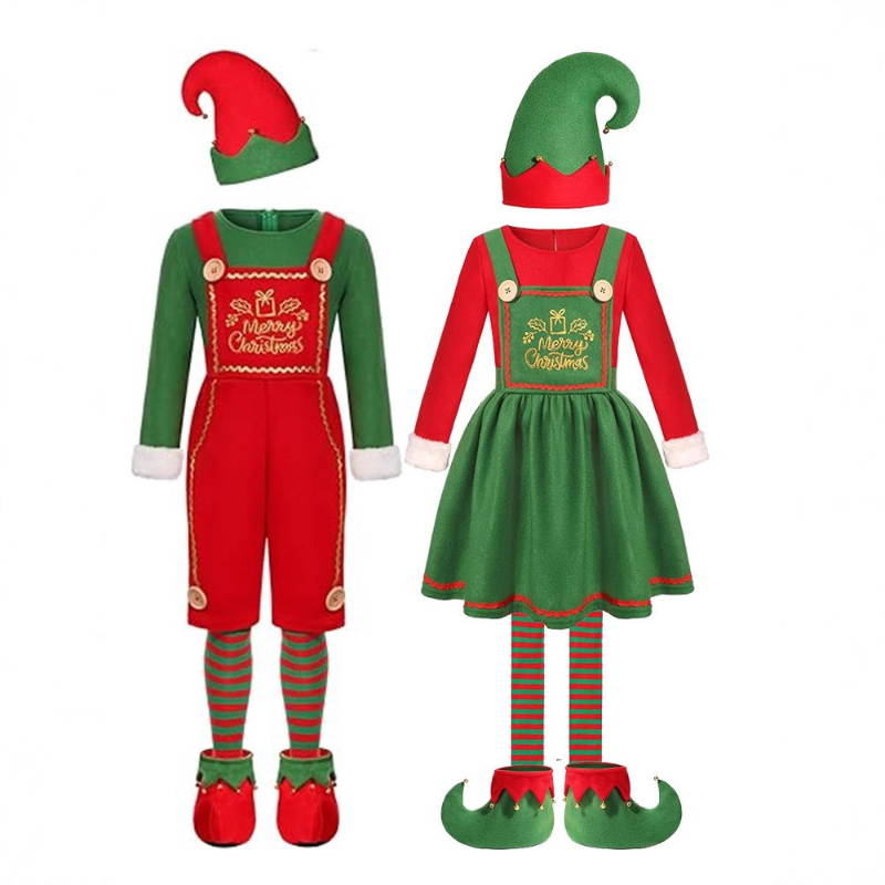 Elf Costume Christmas - 面白い大人用サンタクロースコスプレコスチューム 男の子 女の子用 グリーンクリスマスエルフ衣装 家族用衣装 新年クリスマスドレスセット