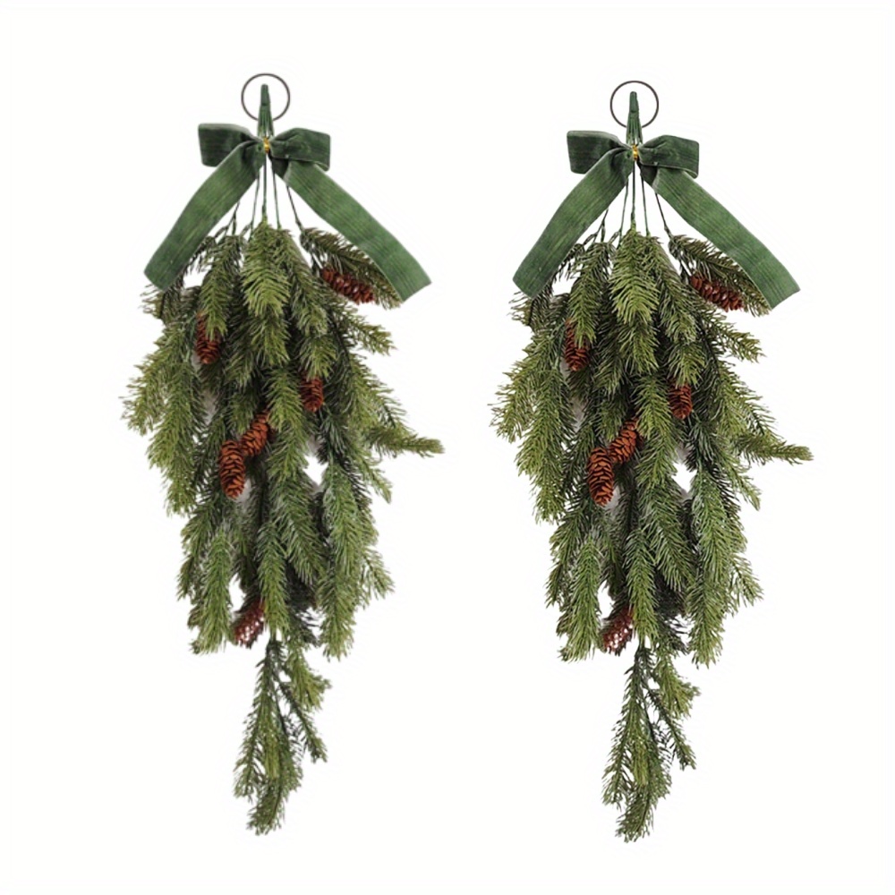 Christmas Tree Artificial - クリスマスティアドロップスワッグ - 鈴とベルベットのリボン付き人工松ガーランド | ドア/マントルピース/暖炉用の吊り下げ式ホリデーデコレーション